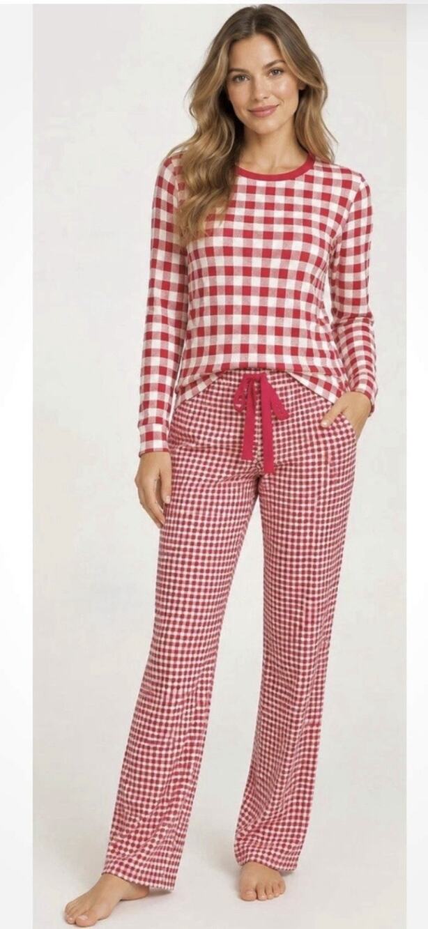 Draper James X Lands’ End Women’s Pajama Set Red White Gingham Check LS Size Med